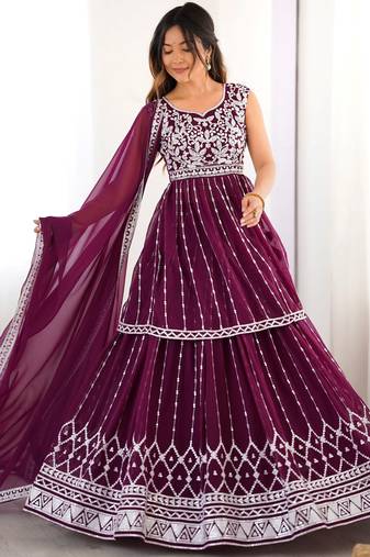 Stylish Wine Sequins Embroidered Designer Lehenga With Peplum Top