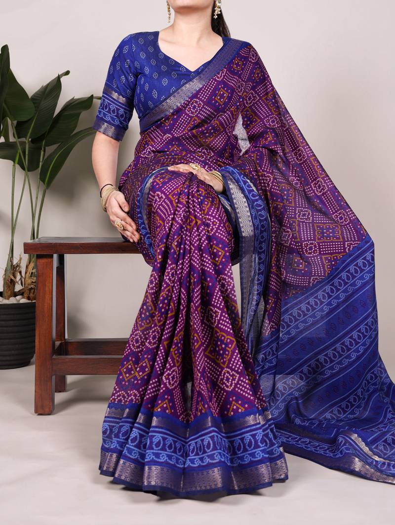 purple Chanderi Bandhej Print Saree with Zari Detailing