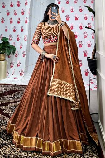 Brown Zari Weaving Chanderi Navratri Wear Lehenga Choli