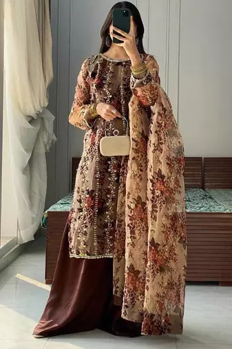 Brown Palazzo Suit with Heavy Sequence Work and Digital Print - Fully Stitched Ready to Wear