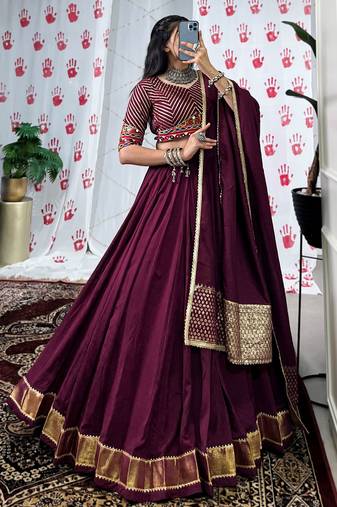 Wine Chanderi Zari Weaving Navratri Wear Lehenga Choli