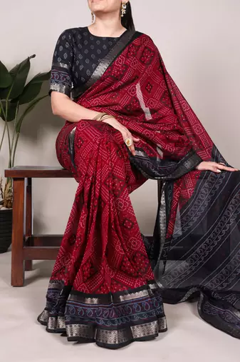 maroon Chanderi Bandhej Print Saree with Zari Detailing