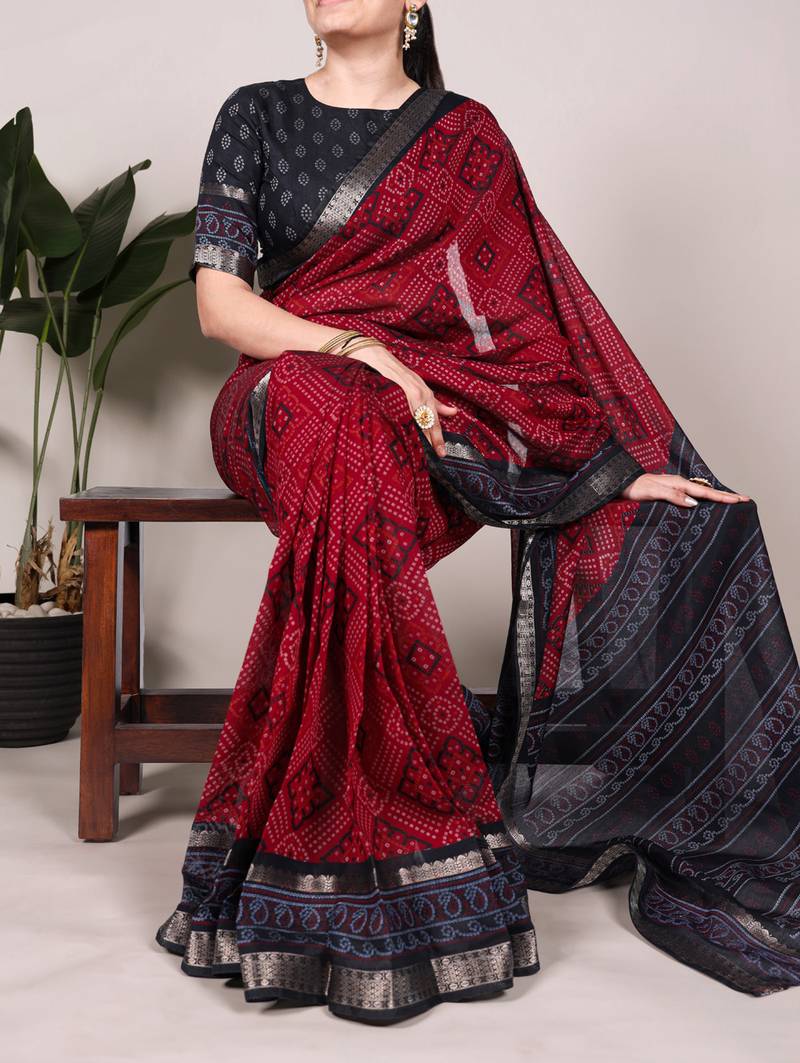 maroon Chanderi Bandhej Print Saree with Zari Detailing