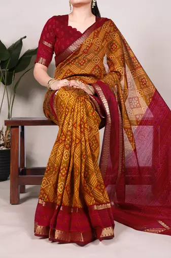 mustard Chanderi Bandhej Print Saree with Zari Detailing