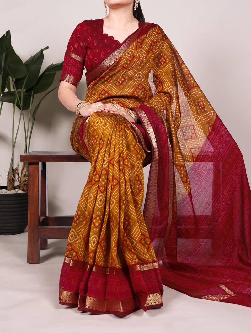 mustard Chanderi Bandhej Print Saree with Zari Detailing