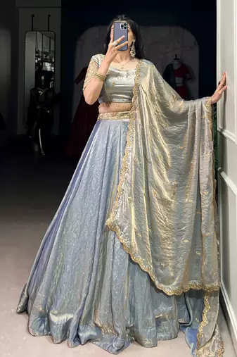 Artistic Sky Blue Thread Embroidered Organza Lehenga Choli