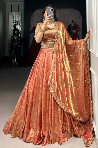 Pretty Orange Thread Embroidered Lehenga Choli With Dupatta