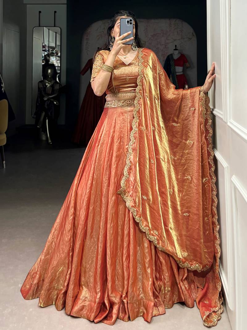 Pretty Orange Thread Embroidered Lehenga Choli With Dupatta