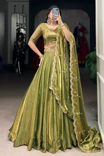 Mesmerizing Green Organza Mehendi Wear Lehenga Choli With Dupatta