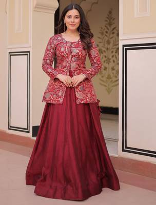 maroon silk zari weaving bridesmaids lehenga with jacket 1