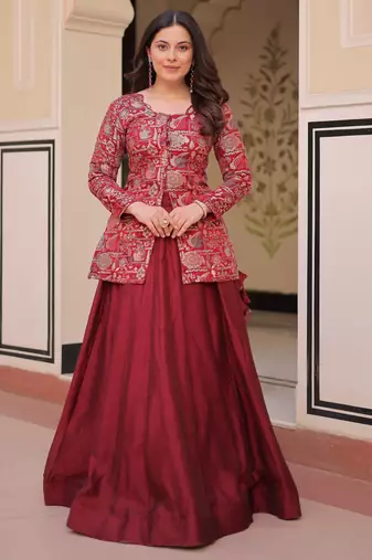 Adorable Maroon Silk Zari Weaving Bridesmaids Lehenga With Jacket