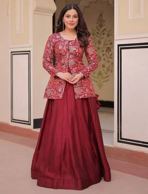 maroon silk zari weaving bridesmaids lehenga with jacket 2