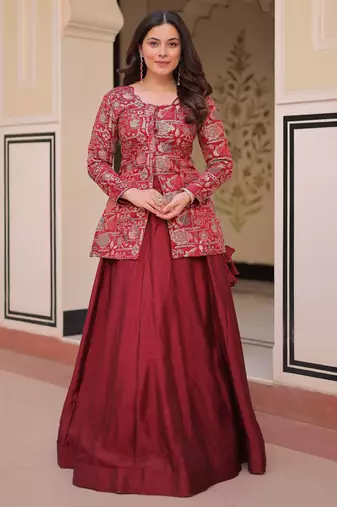 maroon silk zari weaving bridesmaids lehenga with jacket