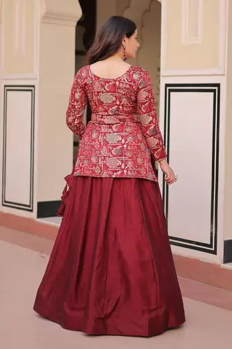 maroon silk zari weaving bridesmaids lehenga with jacket