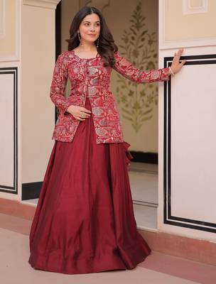 maroon silk zari weaving bridesmaids lehenga with jacket 4