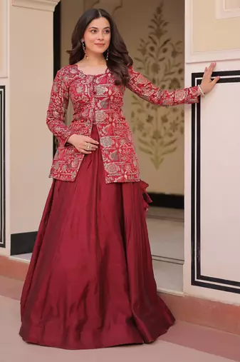 maroon silk zari weaving bridesmaids lehenga with jacket
