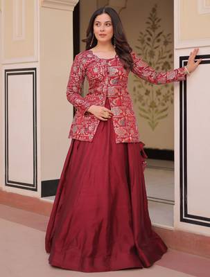 maroon silk zari weaving bridesmaids lehenga with jacket 5