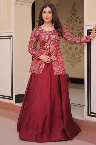 maroon silk zari weaving bridesmaids lehenga with jacket