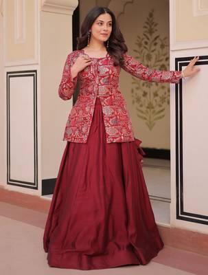 maroon silk zari weaving bridesmaids lehenga with jacket 6