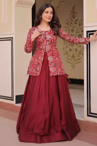 maroon silk zari weaving bridesmaids lehenga with jacket
