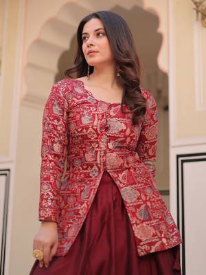 maroon silk zari weaving bridesmaids lehenga with jacket 10