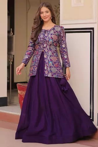 purple silk weaving party lehenga with jacket