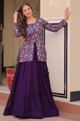 purple silk weaving party lehenga with jacket
