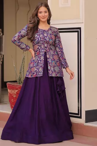 purple silk weaving party lehenga with jacket