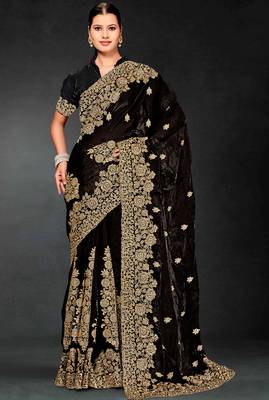 Black sequin embroidered art silk saree with blouse piece 1