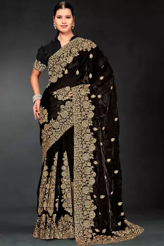 Black sequin embroidered art silk saree with blouse piece