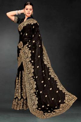 Black sequin embroidered art silk saree with blouse piece 2