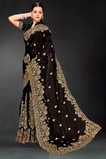 Black sequin embroidered art silk saree with blouse piece