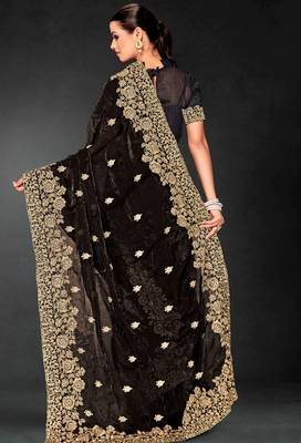 Black sequin embroidered art silk saree with blouse piece 3