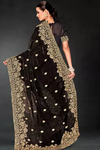 Black sequin embroidered art silk saree with blouse piece
