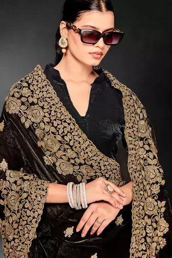 Black sequin embroidered art silk saree with blouse piece