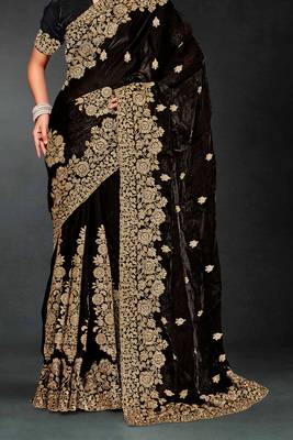 Black sequin embroidered art silk saree with blouse piece 5