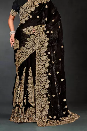 Black sequin embroidered art silk saree with blouse piece