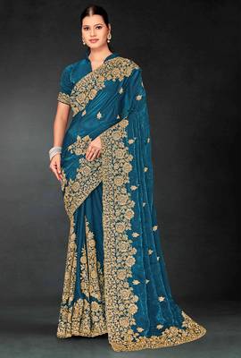 Teal blue sequin embroidered art silk saree with blouse piece 1