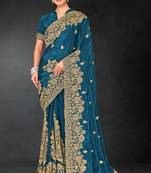 Teal blue sequin embroidered art silk saree with blouse piece