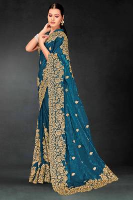 Teal blue sequin embroidered art silk saree with blouse piece 3