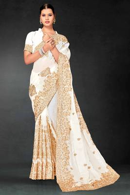 White sequin embroidered art silk saree with blouse piece 1