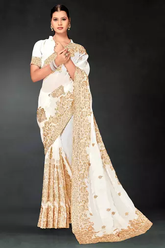 White sequin embroidered art silk saree with blouse piece