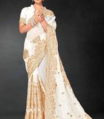 White sequin embroidered art silk saree with blouse piece