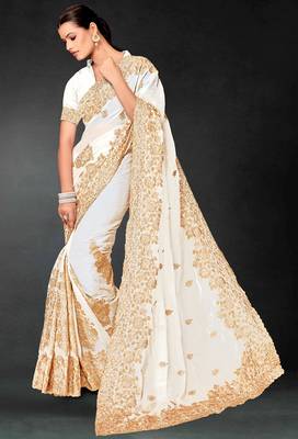 White sequin embroidered art silk saree with blouse piece 2