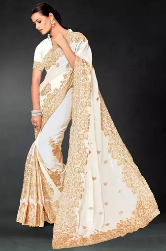 White sequin embroidered art silk saree with blouse piece