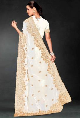 White sequin embroidered art silk saree with blouse piece 3