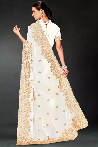 White sequin embroidered art silk saree with blouse piece