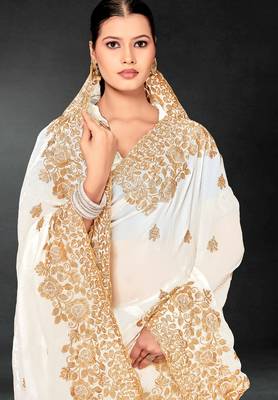 White sequin embroidered art silk saree with blouse piece 4