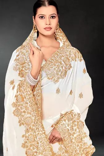 White sequin embroidered art silk saree with blouse piece