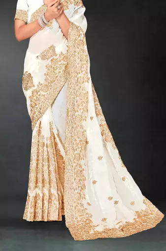 White sequin embroidered art silk saree with blouse piece